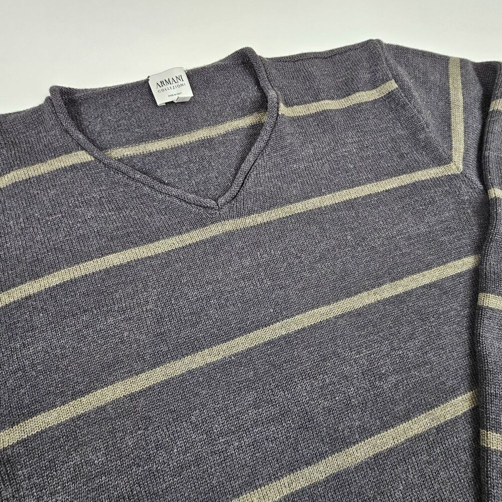 Armani Collezioni Men's M Merino Wool Sweater Made Italy V Neck Striped Gray
